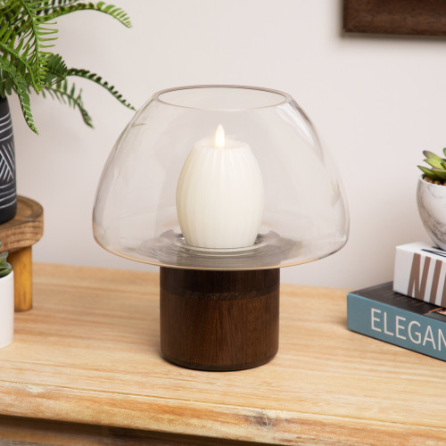Transparent Glass Candle Holder with Wooden Base - 9.75"