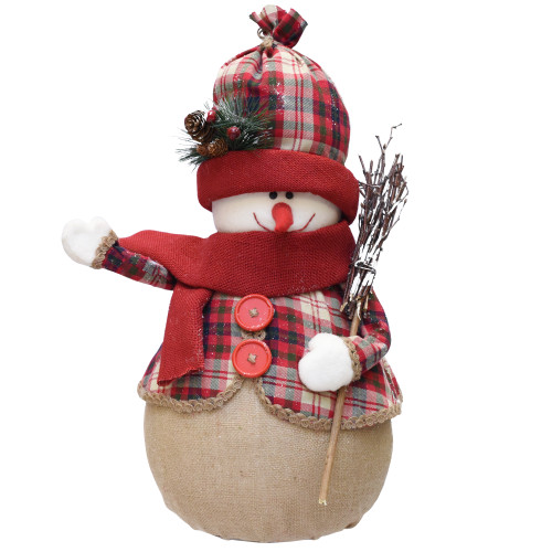 Waving Plaid Snowman with Twig Broom Christmas Figurine - 22" - Red and Brown