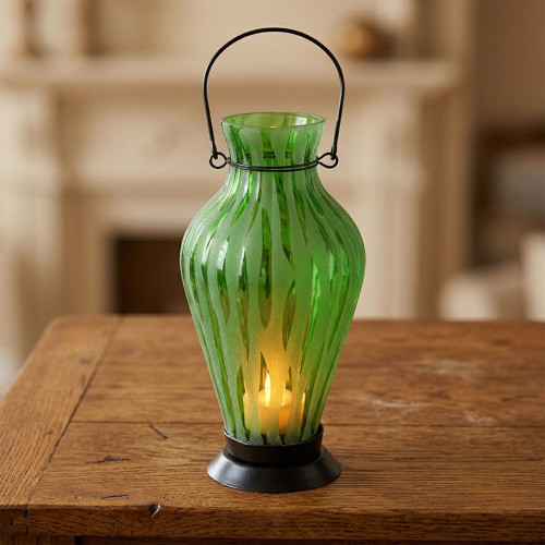 9.5" Frosted Green Ribbed Vase Glass Bottle Tea Light Candle Lantern Decoration