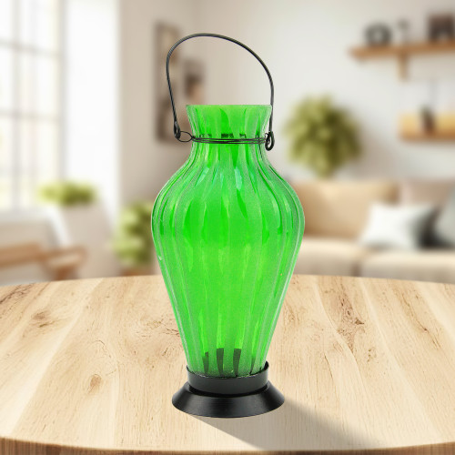 9.5" Frosted Green Ribbed Vase Glass Bottle Tea Light Candle Lantern Decoration