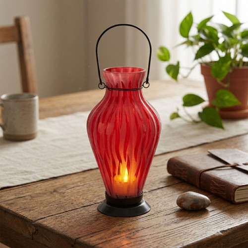 9.5" Frosted Red Ribbed Vase Glass Bottle Tea Light Candle Lantern Decoration