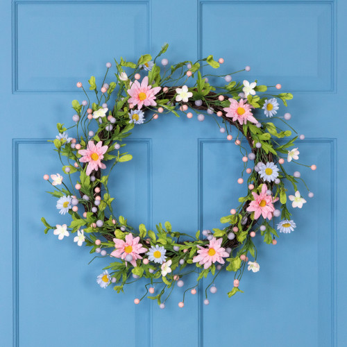 Daisy Twig Artificial Floral Wreath, Green and Pink 15-Inch