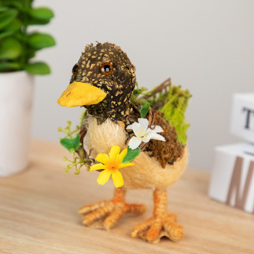 Standing Duck Figureine with Floral Wreath - 5.75" - Brown and Ivory