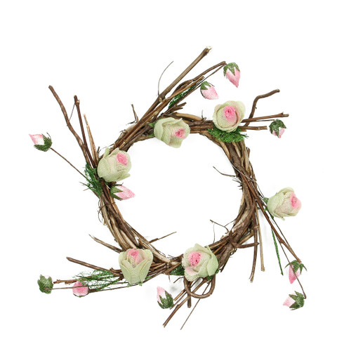 Rose Twig Artificial Floral Wreath, Brown and Pink 11-Inch