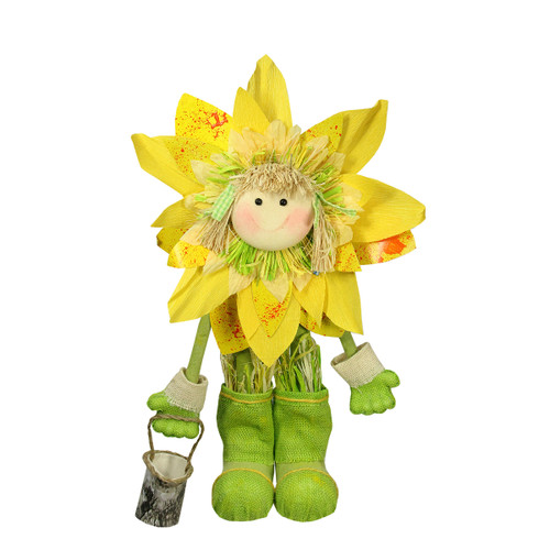 20.5" Green and Yellow Spring Floral Standing Sunflower Girl Decorative Figure