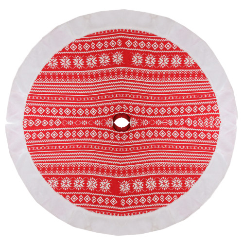 48" Red and White Knitted Snowflake Christmas Tree Skirt with Faux Fur Trim