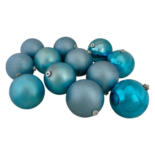 Shatterproof 4-Finish Christmas Ball Ornaments - 6" (150mm) - Turquoise Blue - 12ct