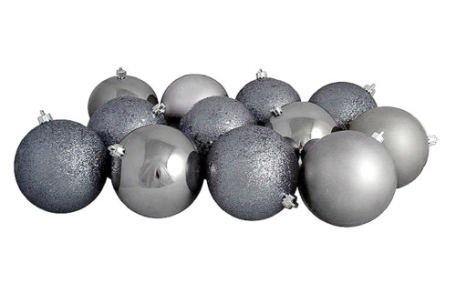 Shatterproof 4-Finish Christmas Ball Ornaments - 4" (100mm) - Gray - 12ct