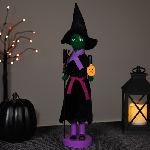 Witch Halloween Nutcracker with Broom - 14" - Black and Purple