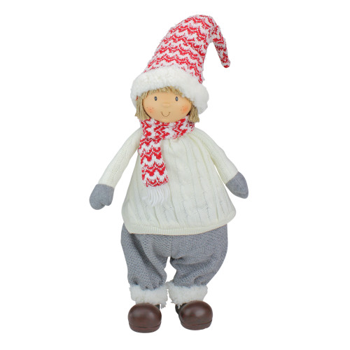 24.5" Ivory, Red, and Gray Cheerful Young Boy Gnome Christmas Decoration