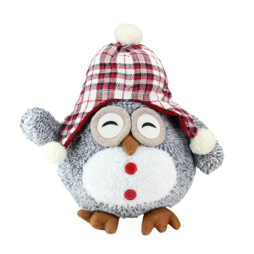 12" Gray Owl With Plaid Bennie Cap Plush Table Top Christmas Figure