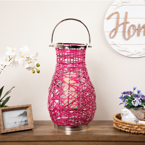 Woven Iron Pillar Candle Lantern with Glass Hurricane - 18.5" - Fuchsia Pink