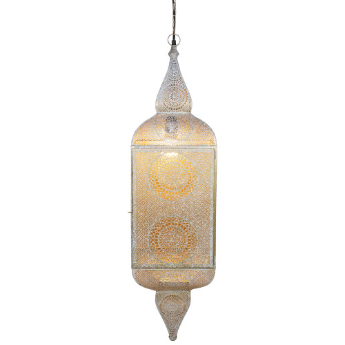 35" Gold and White Moroccan Style Hanging Lantern Ceiling Light Fixture