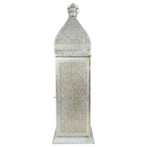 30.5" White and Gold Moroccan Style Pillar Candle Floor Lantern