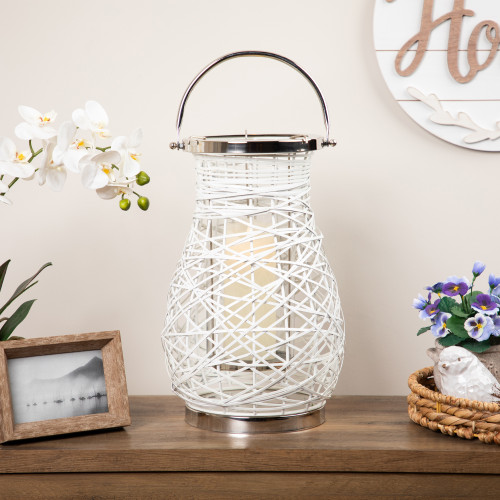 Woven Iron Pillar Candle Lantern with Glass Hurricane - 16.25" - White
