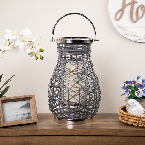 Woven Iron Pillar Candle Lantern with Glass Hurricane - 16.25" - Gray