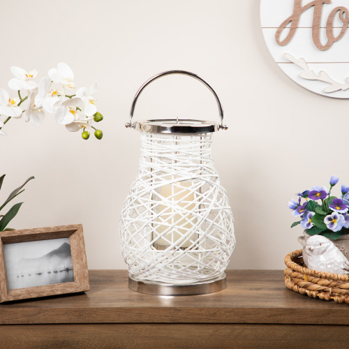 Woven Iron Pillar Candle Lantern with Glass Hurricane - 13.5"