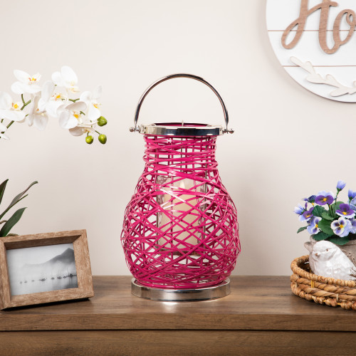 Woven Iron Pillar Candle Lantern with Glass Hurricane - 13.5" - Fuchsia Pink