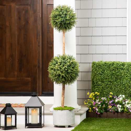 Potted Two-Tone Artificial Boxwood Double Ball Topiary Tree - 4.5'