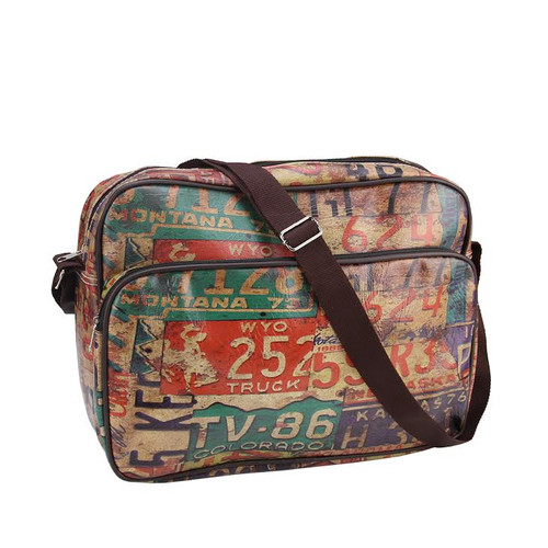 15" Decorative Vintage-Style License Plate Design Crossbody Bag/Purse with Strap