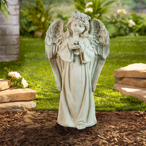 20.5" White Standing Angel Holding a Bird Outdoor Garden Statue