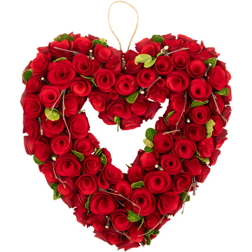 Wooden Roses Floral Artificial Valentine's Day Heart Wreath - 13.5" - Red