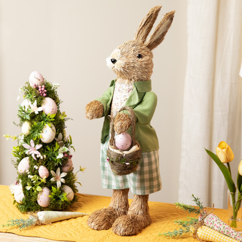 Standing Sisal Spring Rabbit Figure with Egg Basket Easter Decoration - 20.25"