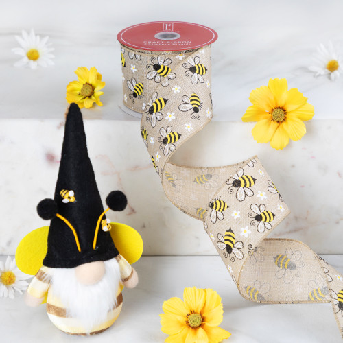 Bumblebee Design Wired Spring Craft Ribbon - 2.5" x 10 Yards - Natural Burlap