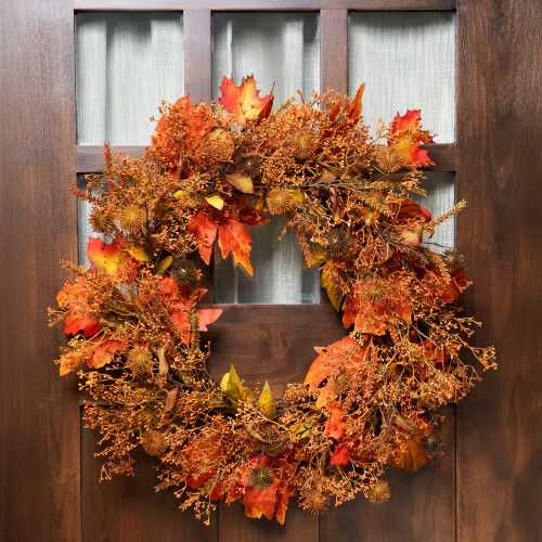 Maple Leaves, Burs and Berries Artificial Fall Harvest Wreath - 24"