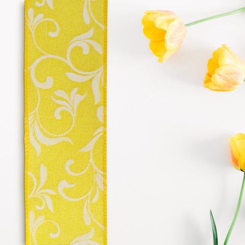 Yellow with White Floral Design Wired Craft Ribbon 2.5" x 10 Yards