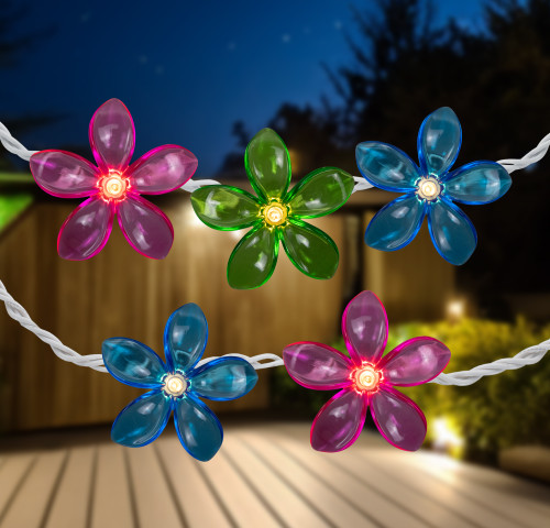 Flowers Indoor Outdoor Patio Light Set - Multicolor - 9' White Wire - 10ct