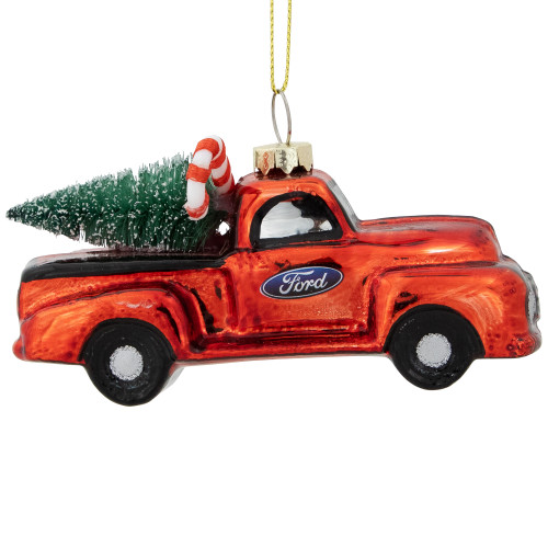 Vintage Ford Truck with Frosted Tree Glass Christmas Ornament - 4" - Red and Black