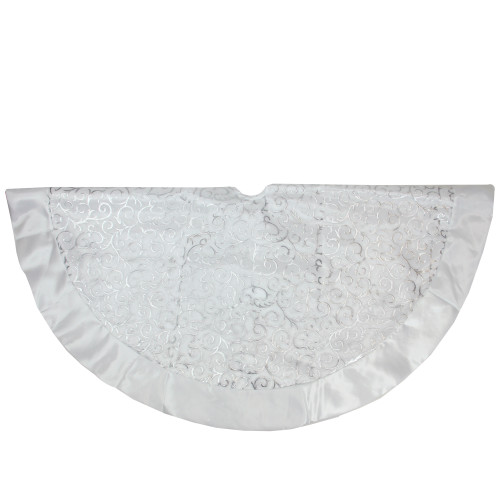 48" Silver Metallic Filigree Christmas Tree Skirt with Sateen Bows