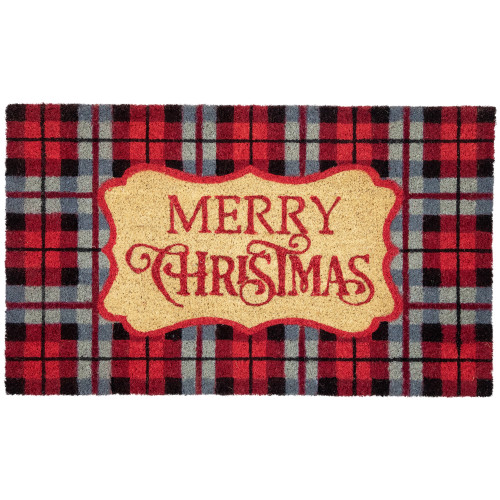 Plaid "Merry Christmas" Outdoor Coir Doormat - 18" x 30" - Black and Red