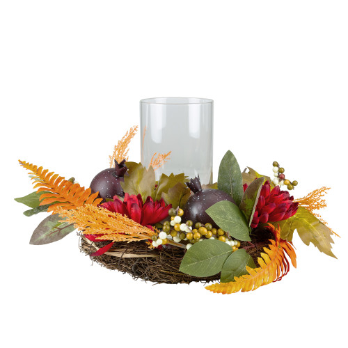 Mums with Pomegranate Fall Harvest Pillar Candle Holder Centerpiece - 22"