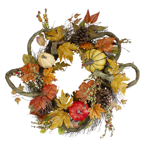 Sunflower, Pumpkin, Foliage and Pine Cone Fall Harvest Wreath - 24 inch, Unlit