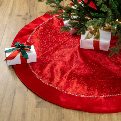48" Red Glittered Swirl Christmas Tree Skirt