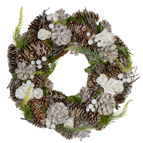 White Rose and Pine Cones  Artificial Christmas Wreath, 13-Inch, Unlit