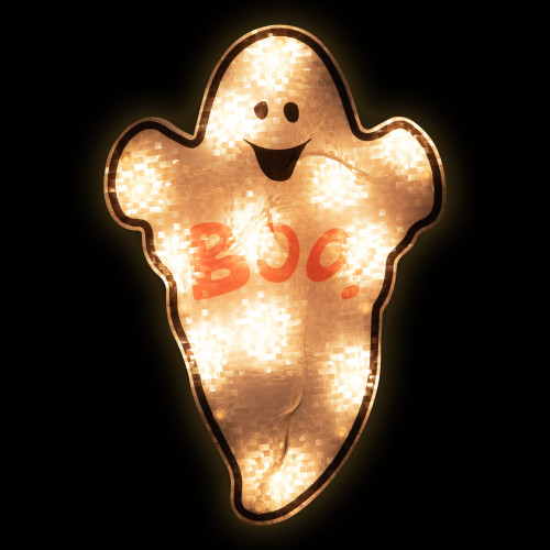 Lighted Holographic Boo Ghost Halloween Window Decoration - 12"