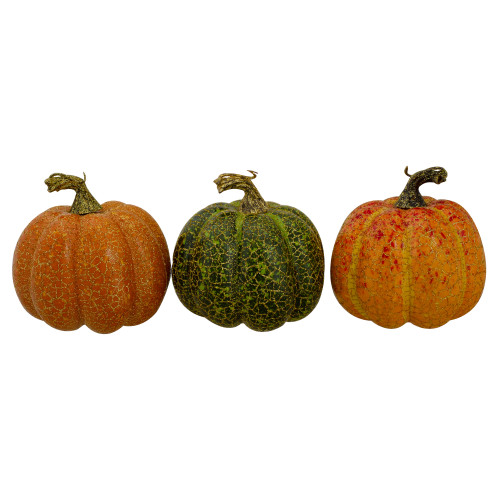 Set of 3 Orange and Green Artificial Fall Harvest Pumpkins 4"
