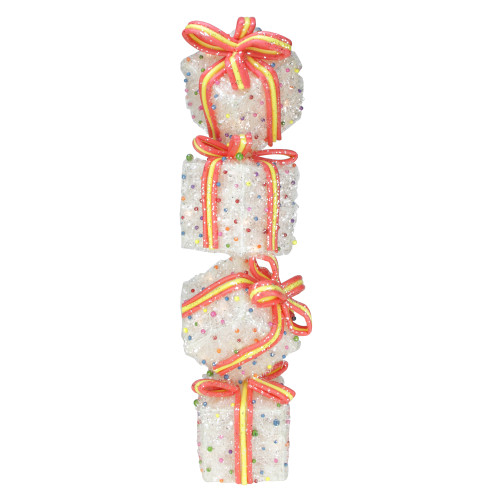 34" White Tinsel and Candy Stacked Gift Boxes Christmas Outdoor Decor