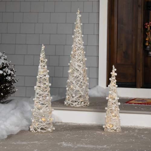 LED Lighted Glittered Outdoor Cone Tree Christmas Decorations - 39.5" - White - Set of 3