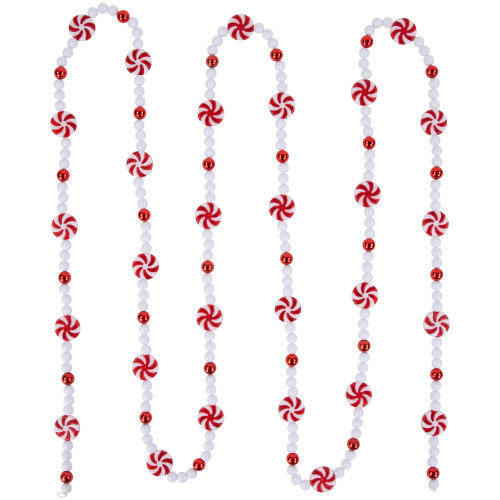 9' Red and White Peppermint Candy Beaded Christmas Garland, Unlit