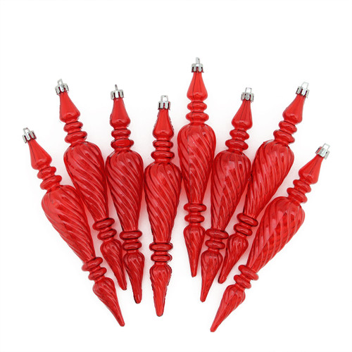 8ct Red Hot Transparent Spiral Shatterproof Christmas Finial Ornaments 7" (180mm)