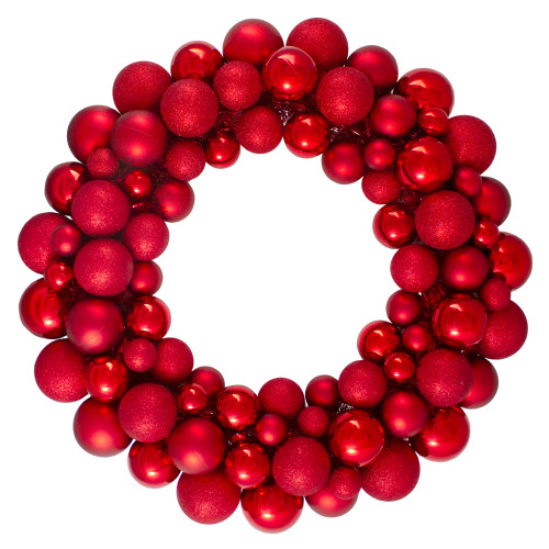 3-Finish Shatterproof Ball Christmas Wreath - 24" - Red - Unlit