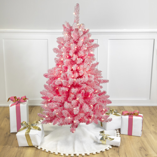Pre-Lit Flocked Pink Pine Slim Artificial Christmas Tree - 4' - Clear Lights