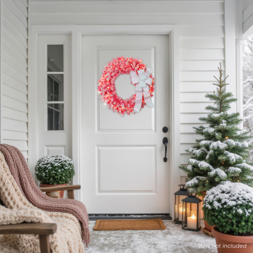 Pre-Lit Flocked Pink Artificial Christmas Wreath - 24"- Clear Lights