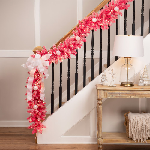 Pre-lit Flocked Artificial Christmas Garland - 9' x 12" - Pink - Clear Lights