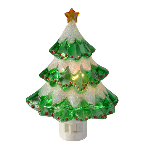 5.5" Green and White Beaded Frosted Christmas Tree Night Light