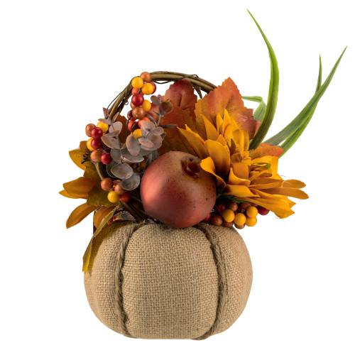 Mixed Autumn Harvest Flora in a Pumpkin Basket Decoration - 9"